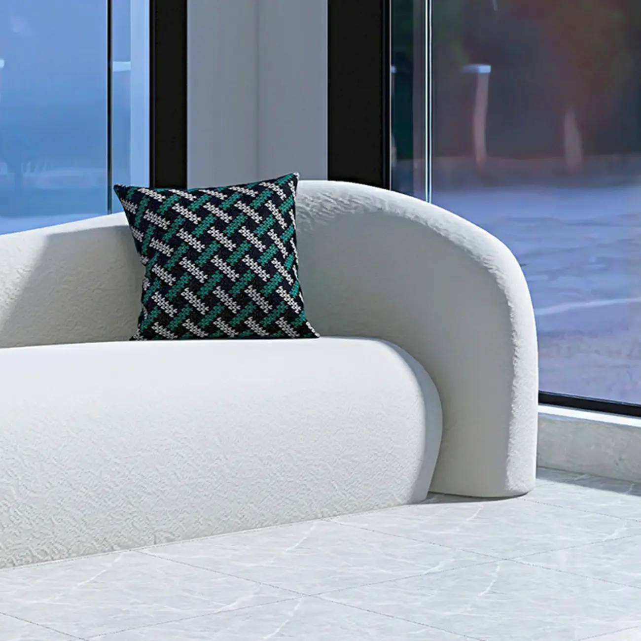 Scandinavian White Sherpa Curved Sofa with Concealed Support Image - 7 | homeyfad