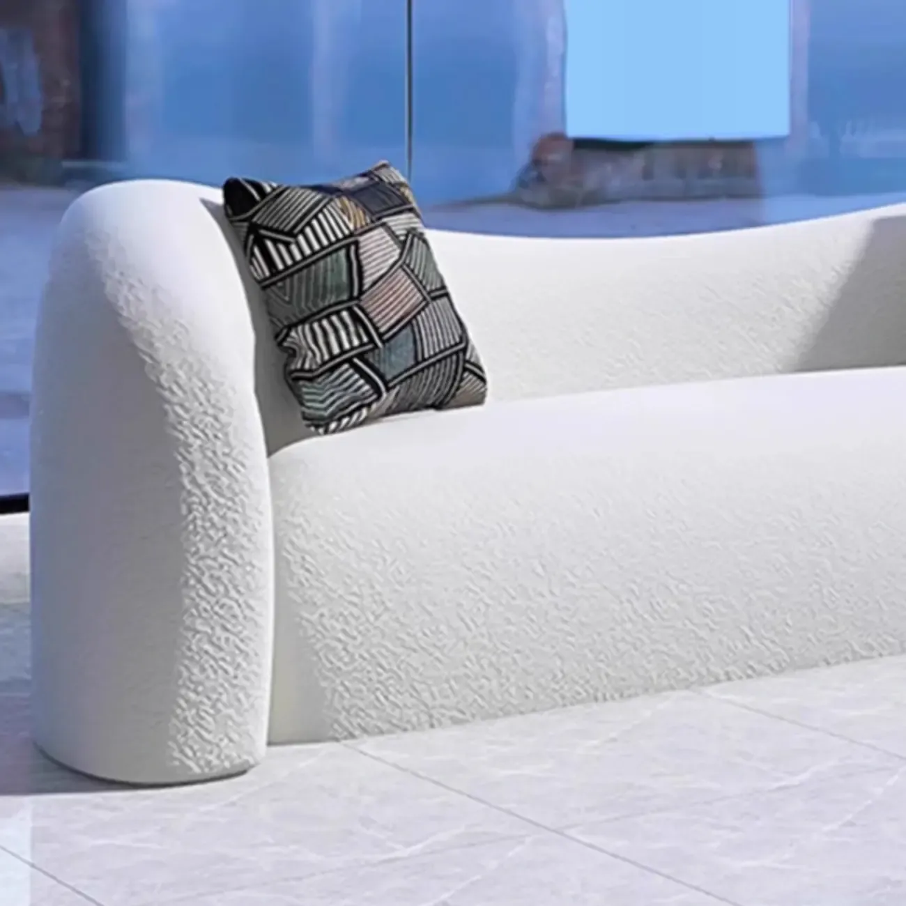 Scandinavian White Sherpa Curved Sofa with Concealed Support Image - 8
