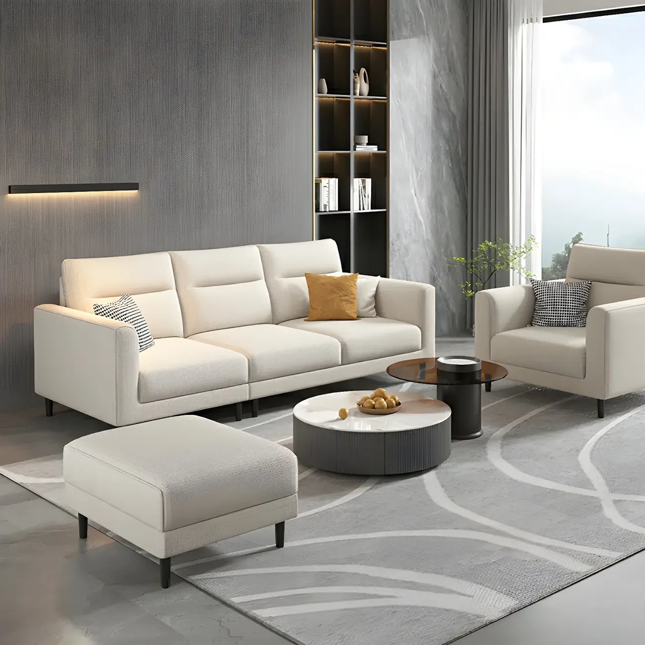 Modern White Cotton & Linen Modular Sofa with Ottoman Image - 1