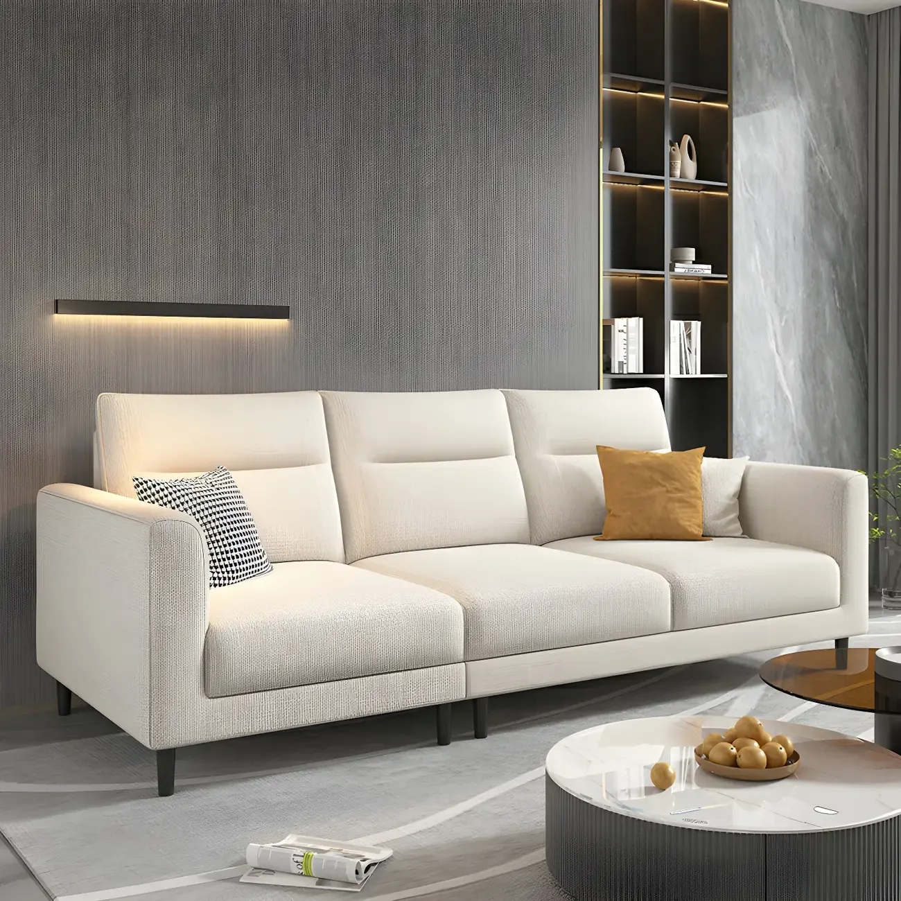 Modern White Cotton & Linen Modular Sofa with Ottoman Image - 5