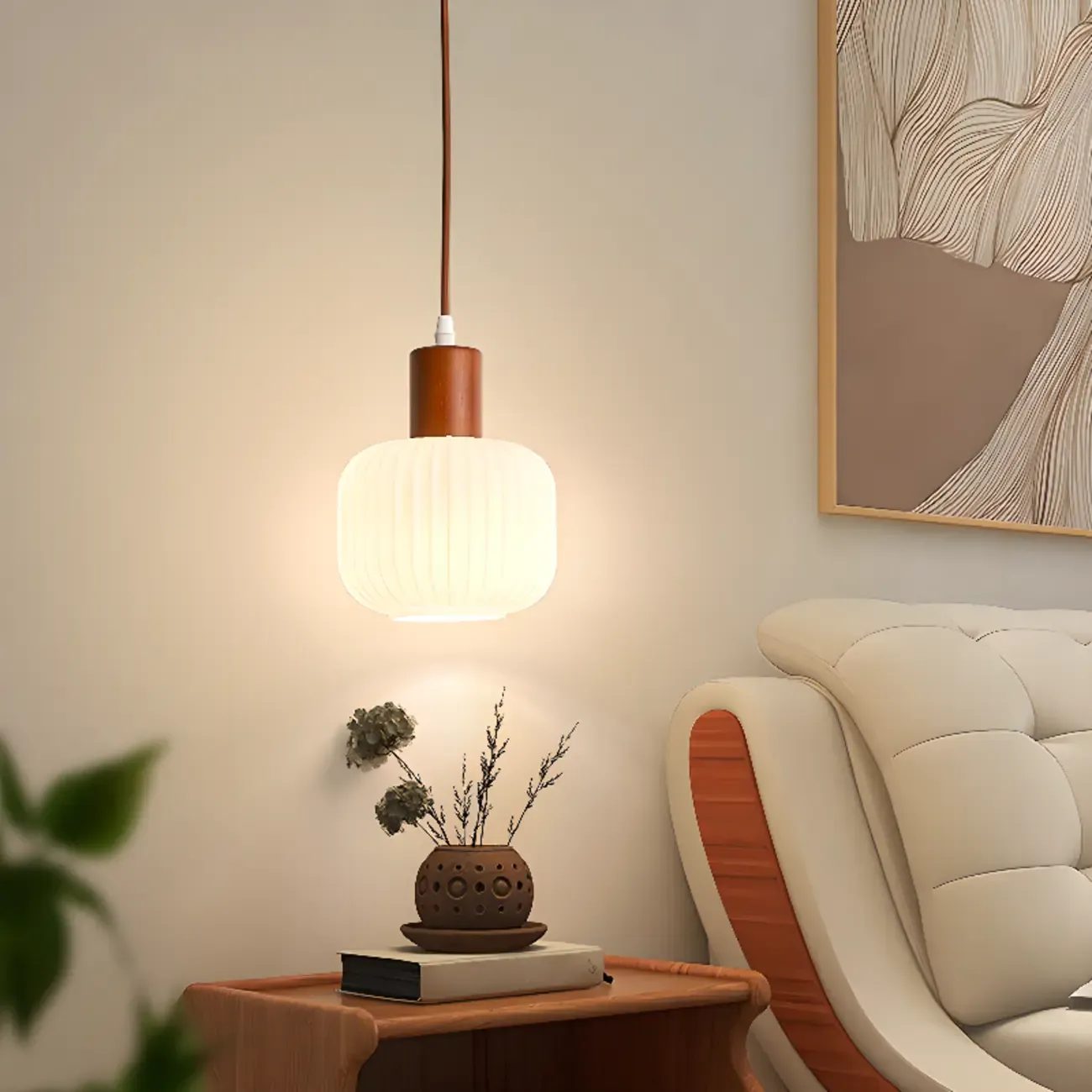 Modern White Glass Pendant Light with Solid Wood Accent Image - 1