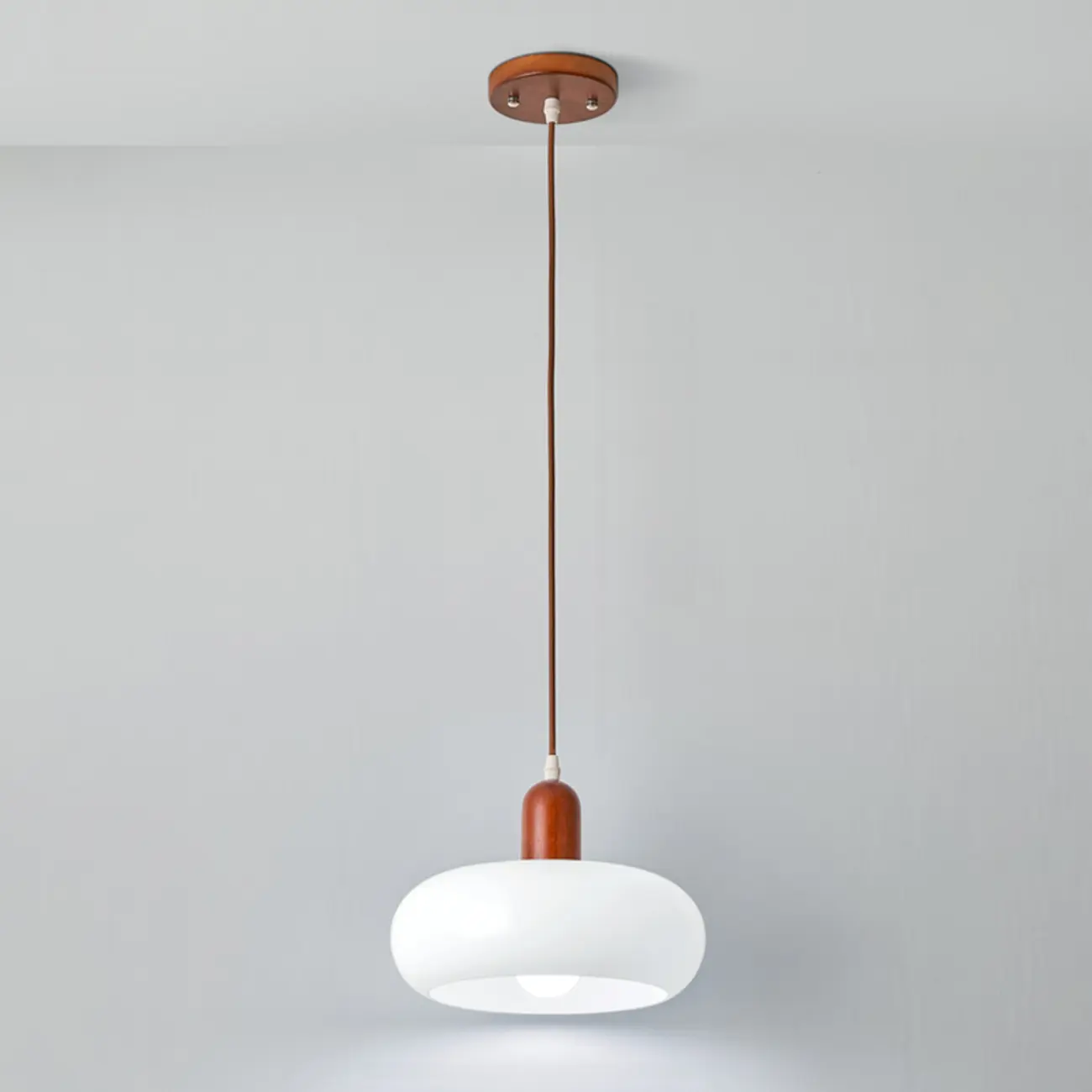 Modern White Glass Pendant Light with Solid Wood Accent Image - 2 | homeyfad