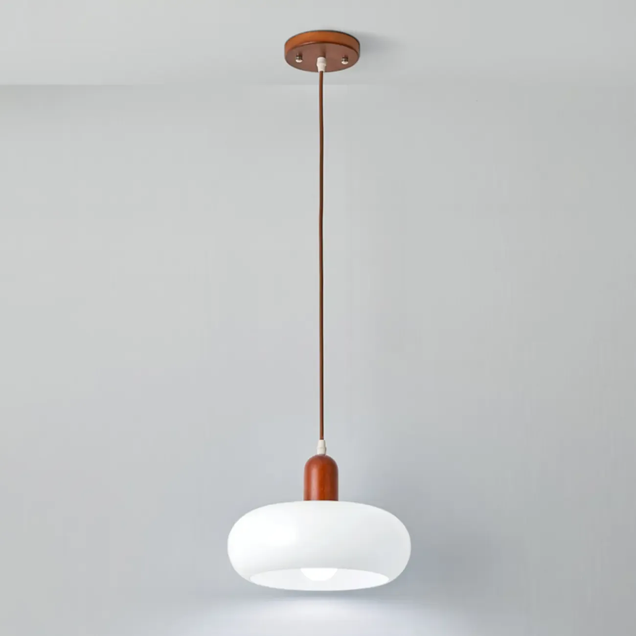 Modern White Glass Pendant Light with Solid Wood Accent Image - 2