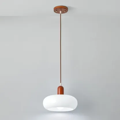 Modern White Glass Pendant Light with Solid Wood Accent Image - 2