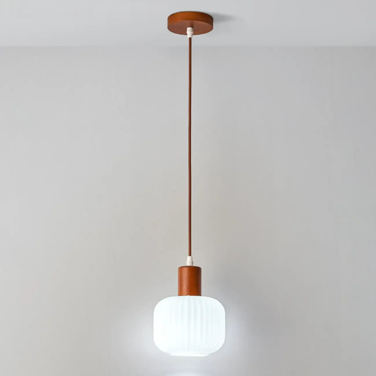 Modern White Glass Pendant Light with Solid Wood Accent Image - 3