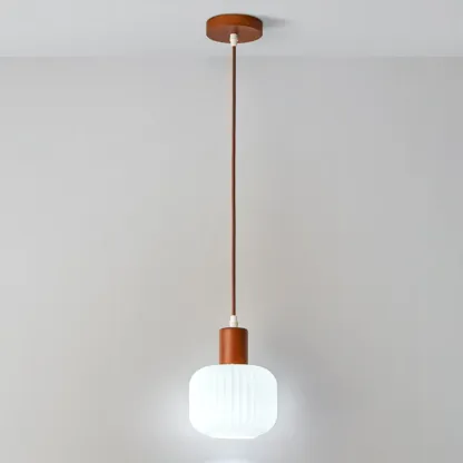Modern White Glass Pendant Light with Solid Wood Accent Image - 3