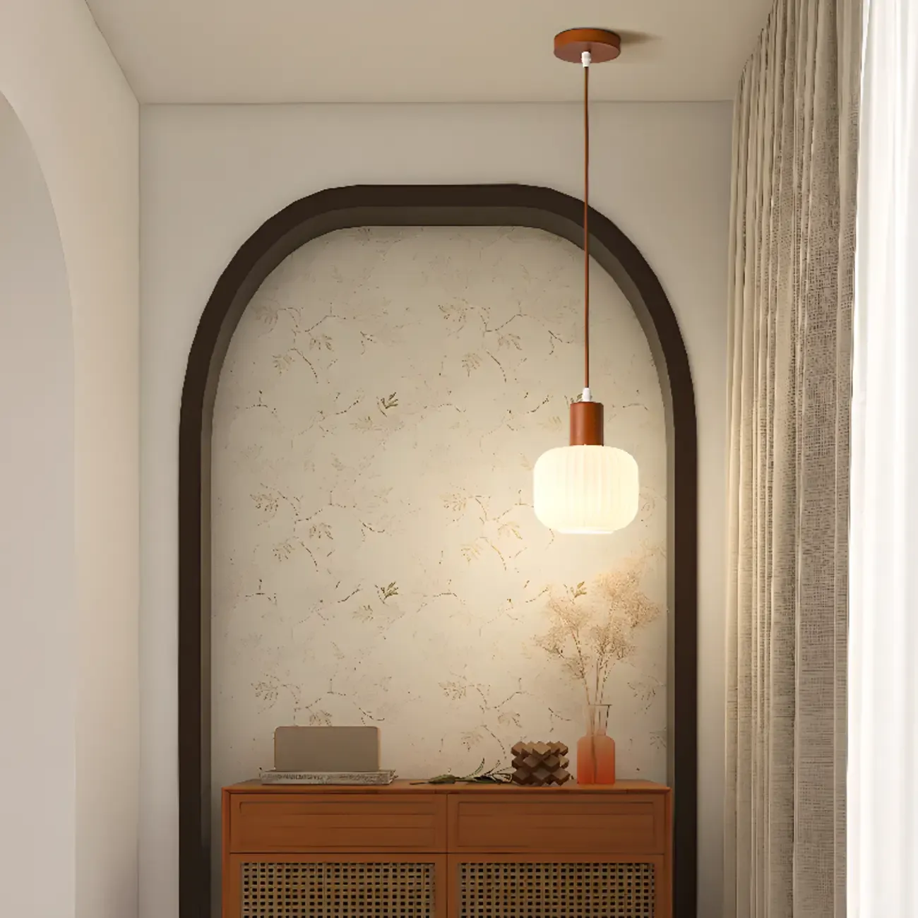 Modern White Glass Pendant Light with Solid Wood Accent Image - 4