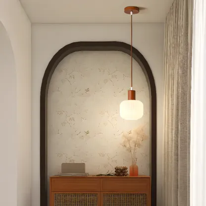 Modern White Glass Pendant Light with Solid Wood Accent Image - 4