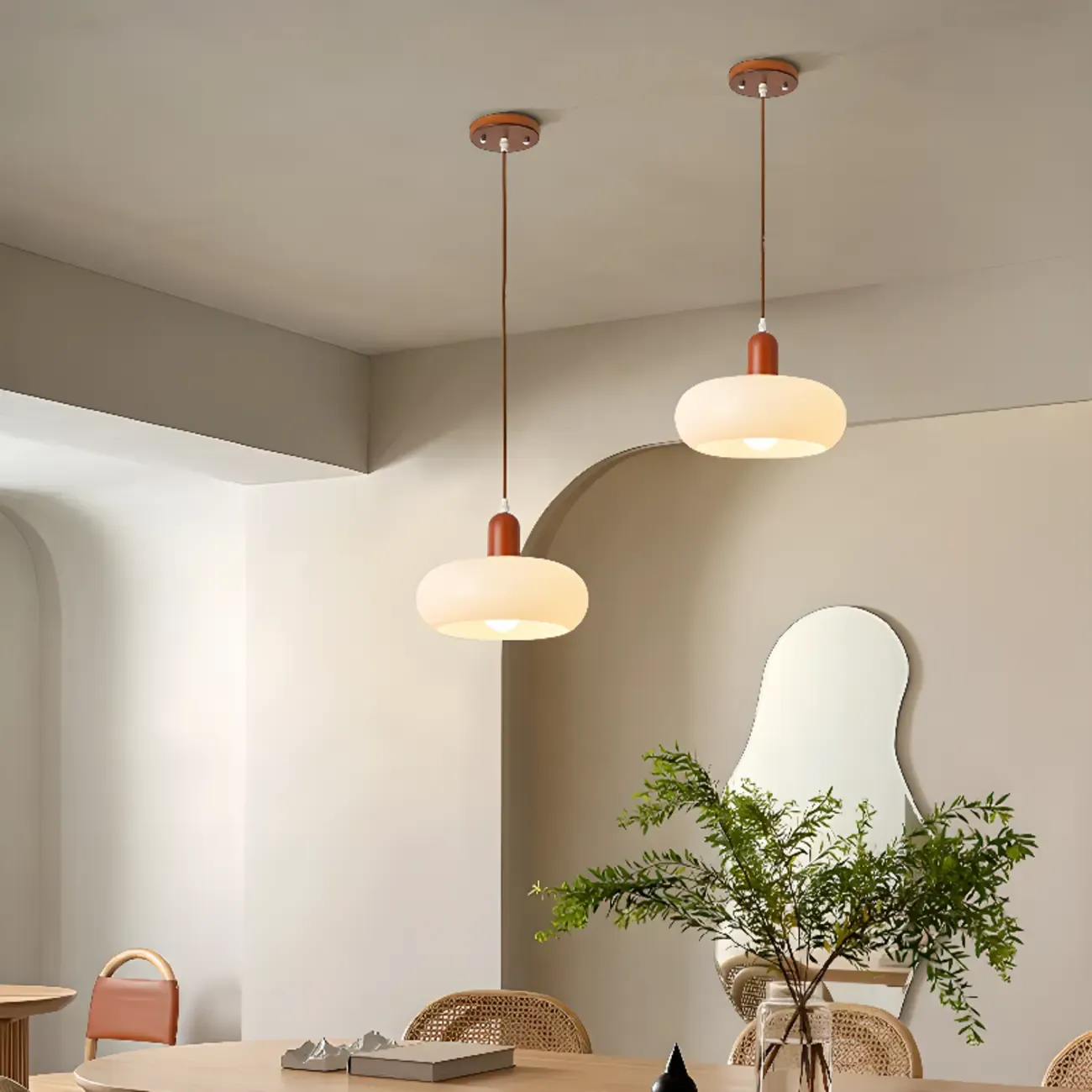 Modern White Glass Pendant Light with Solid Wood Accent Image - 5