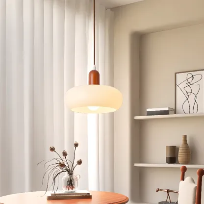Modern White Glass Pendant Light with Solid Wood Accent Image - 6