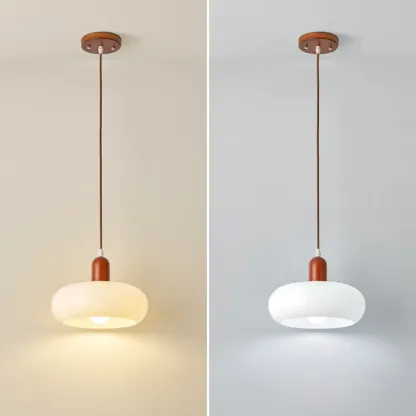 Modern White Glass Pendant Light with Solid Wood Accent Image - 7