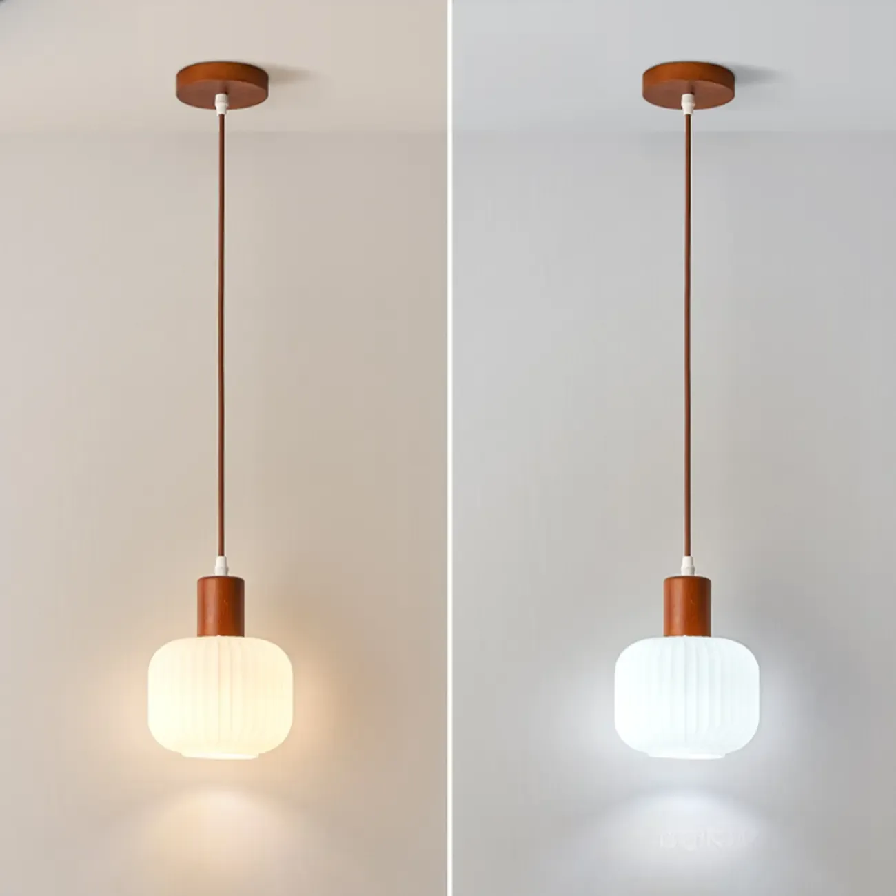Modern White Glass Pendant Light with Solid Wood Accent Image - 8