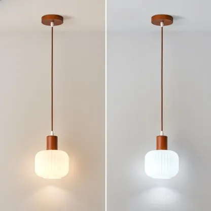 Modern White Glass Pendant Light with Solid Wood Accent Image - 8