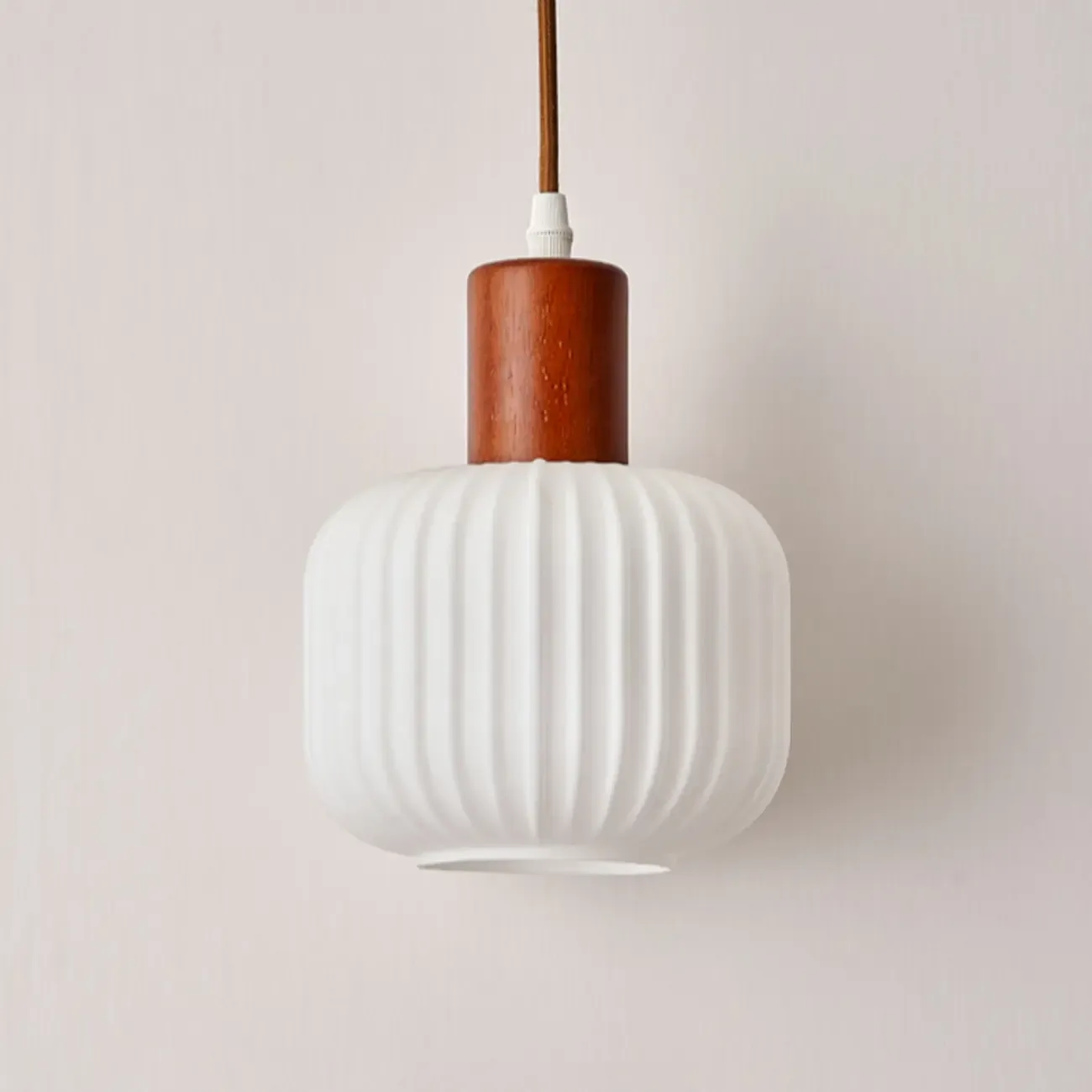 Modern White Glass Pendant Light with Solid Wood Accent Image - 9