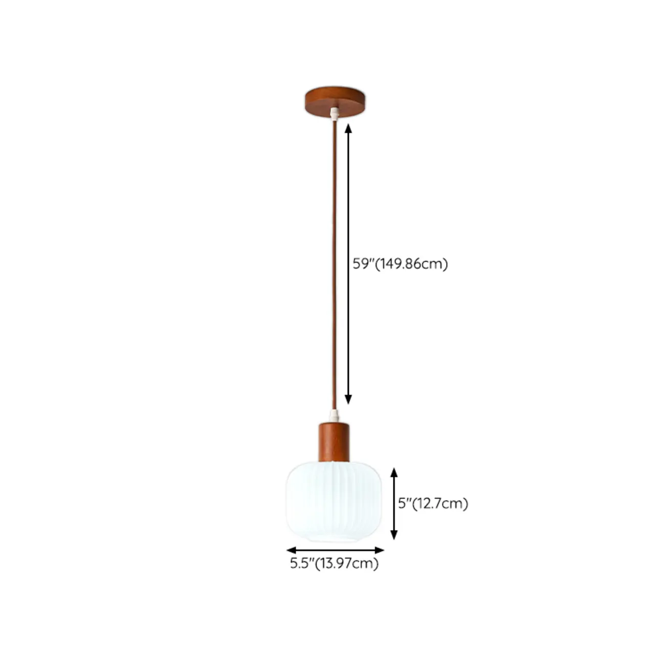 Modern White Glass Pendant Light with Solid Wood Accent #size