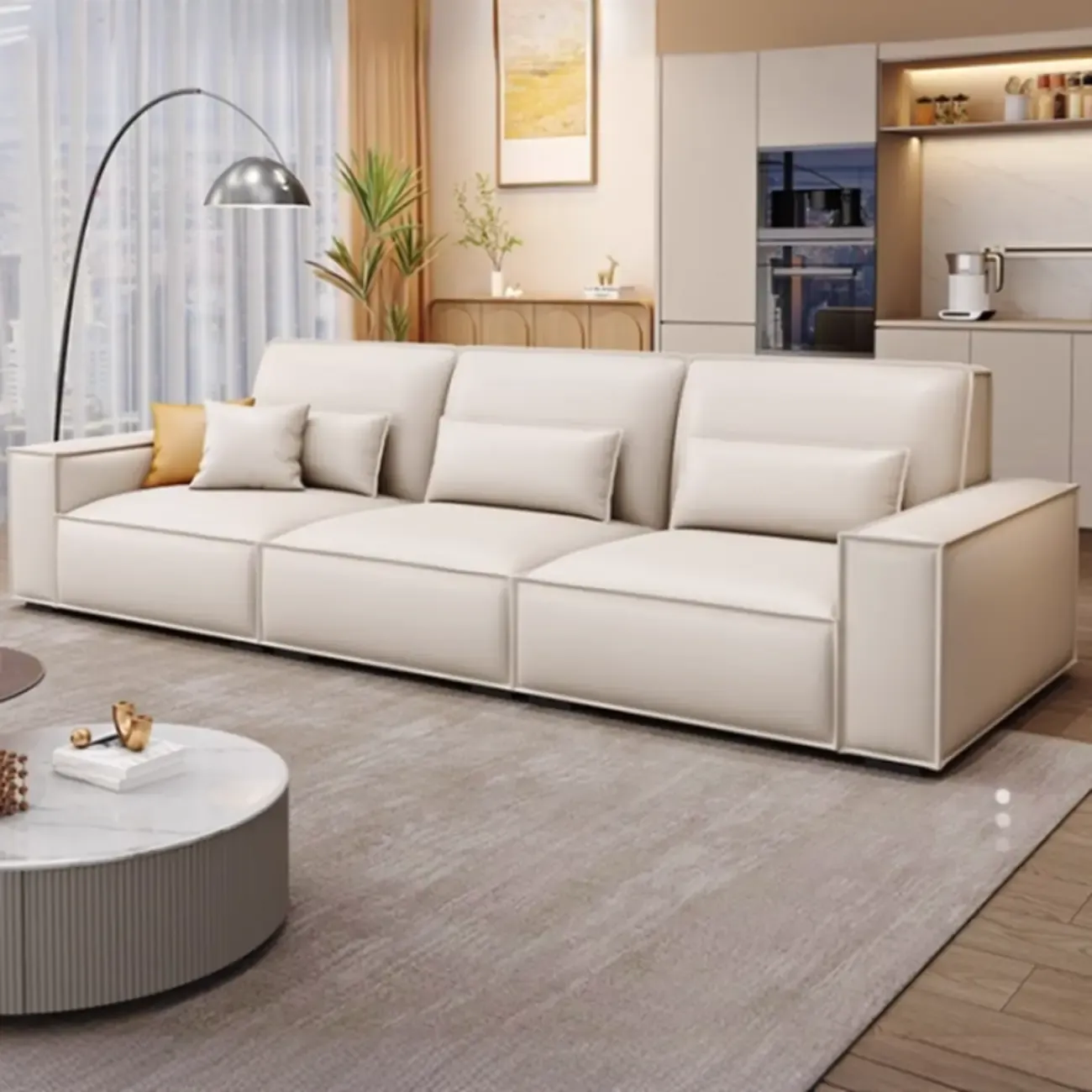 Modern Off-White Leather Sectional Sofa with Concealed Support Image - 4