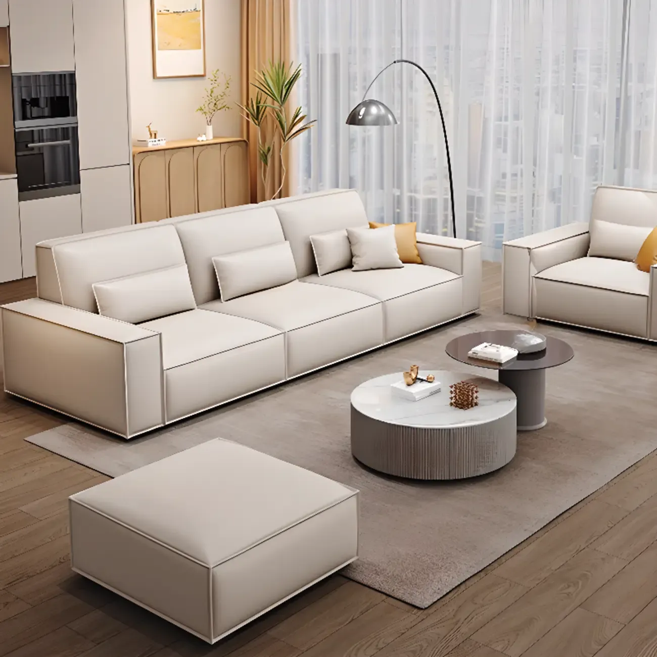 Modern Off-White Leather Sectional Sofa with Concealed Support Image - 5