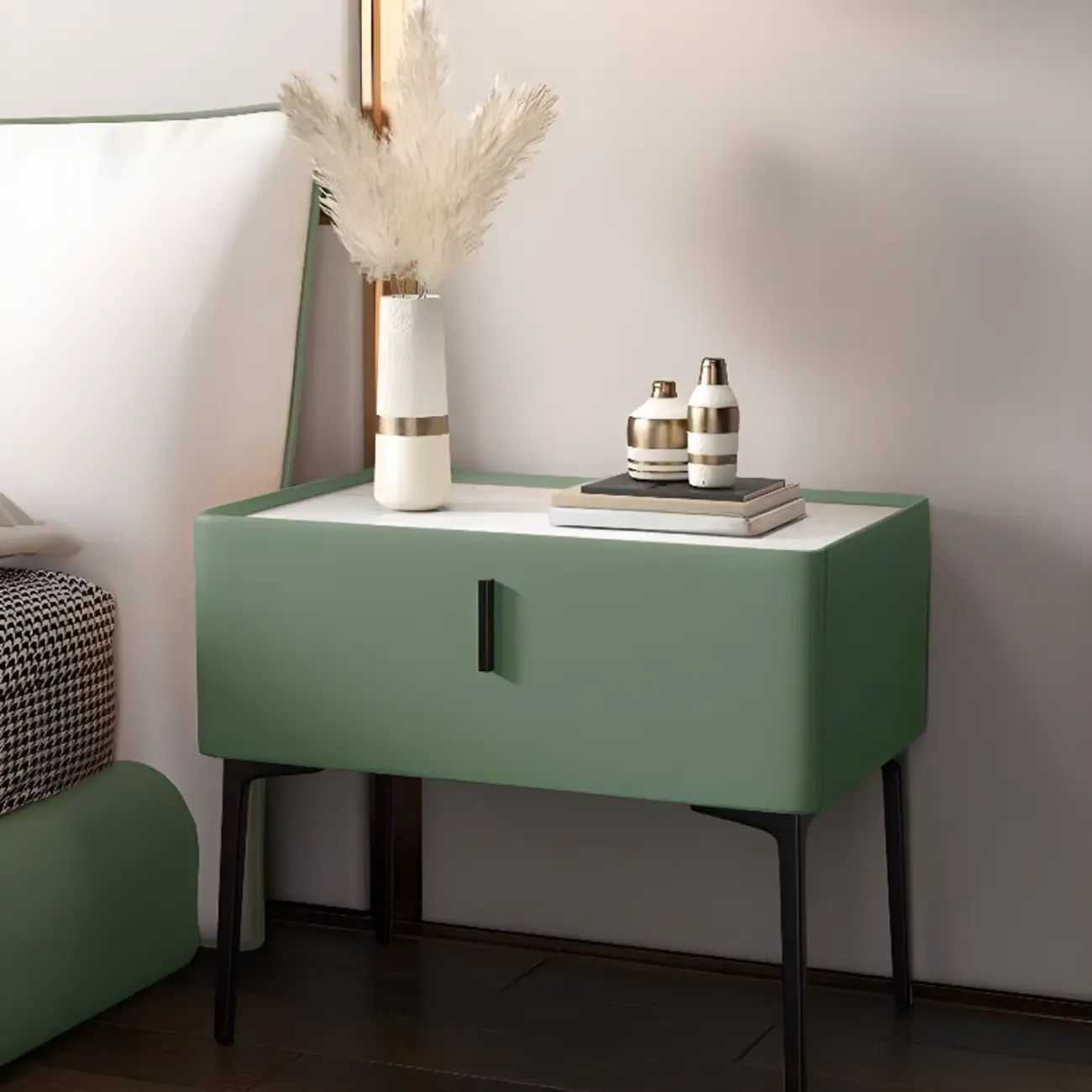 White Nightstand with Drawer Storage Faux Marble Countertop Image - 3