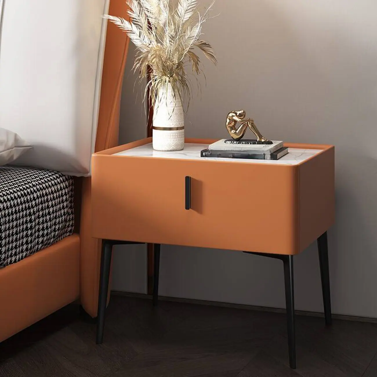 White Nightstand with Drawer Storage Faux Marble Countertop Image - 4 | homeyfad