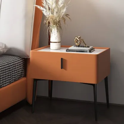 White Nightstand with Drawer Storage Faux Marble Countertop Image - 4