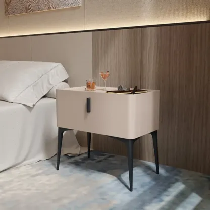 White Nightstand with Drawer Storage Faux Marble Countertop Image - 5