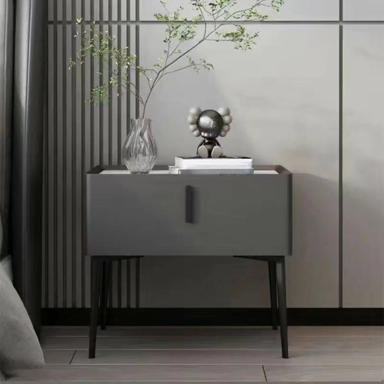 White Nightstand with Drawer Storage Faux Marble Countertop Image - 11 | homeyfad