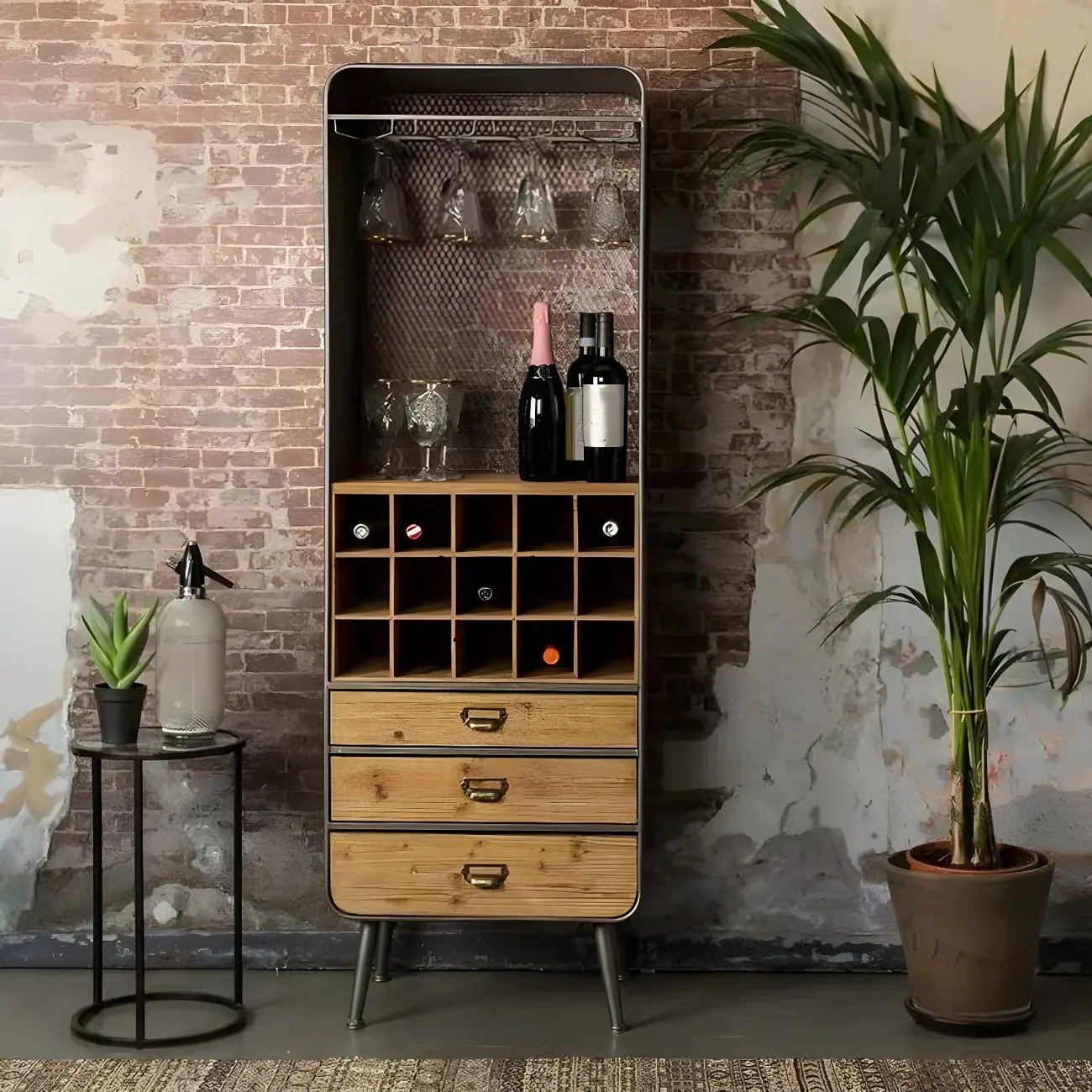 Industrial Brown Wood Wine Rack with Glass Holder and Drawers Image - 1 | homeyfad
