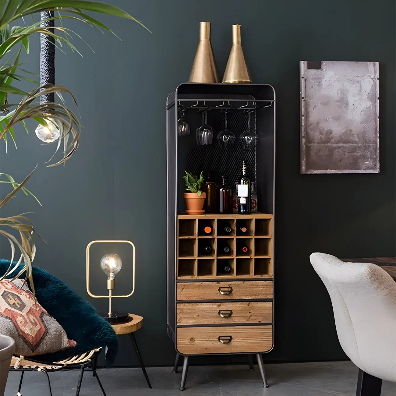Industrial Brown Wood Wine Rack with Glass Holder and Drawers Image - 2 | homeyfad