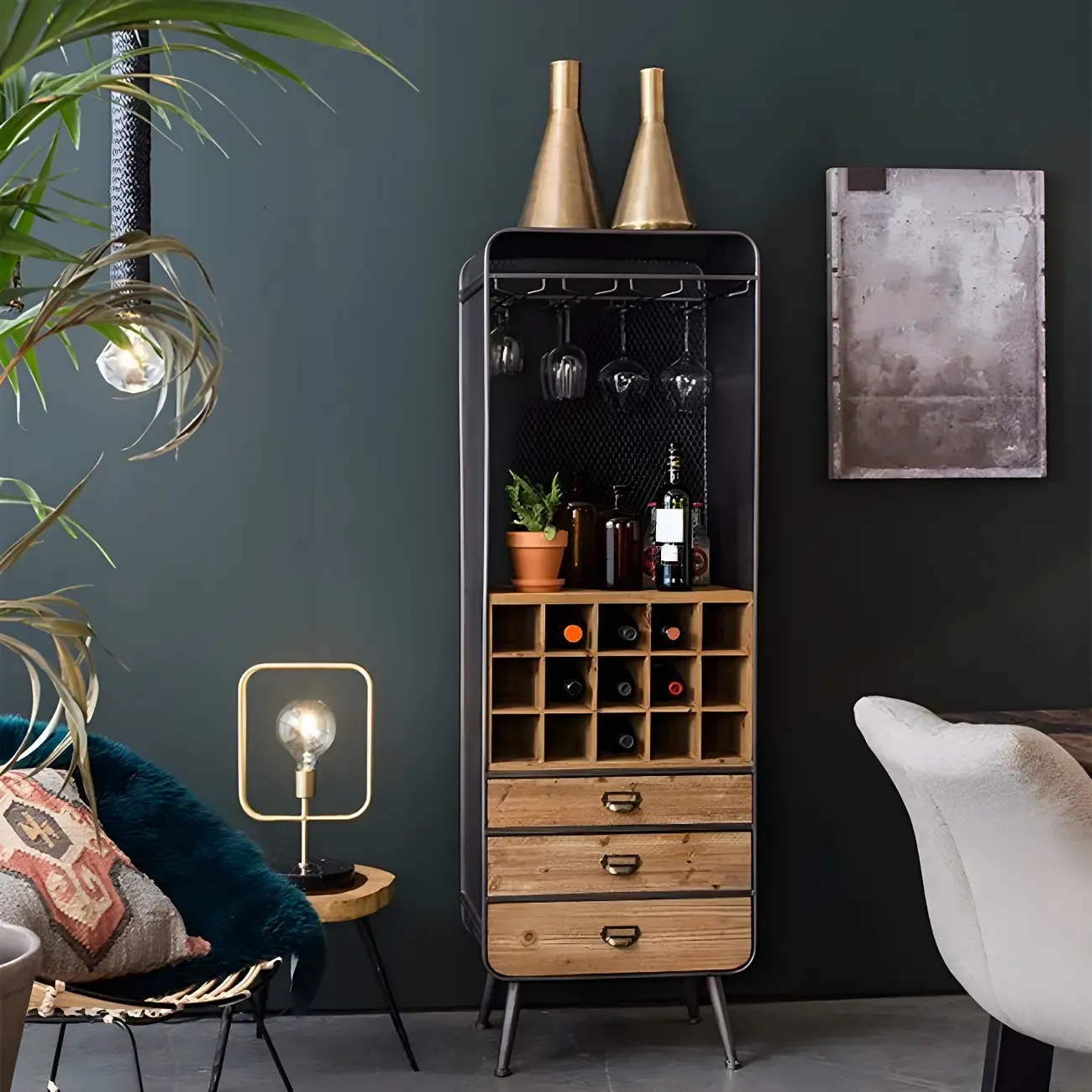 Industrial 67" Freestanding Wooden Wine Bar Cabinet - HomeyFad