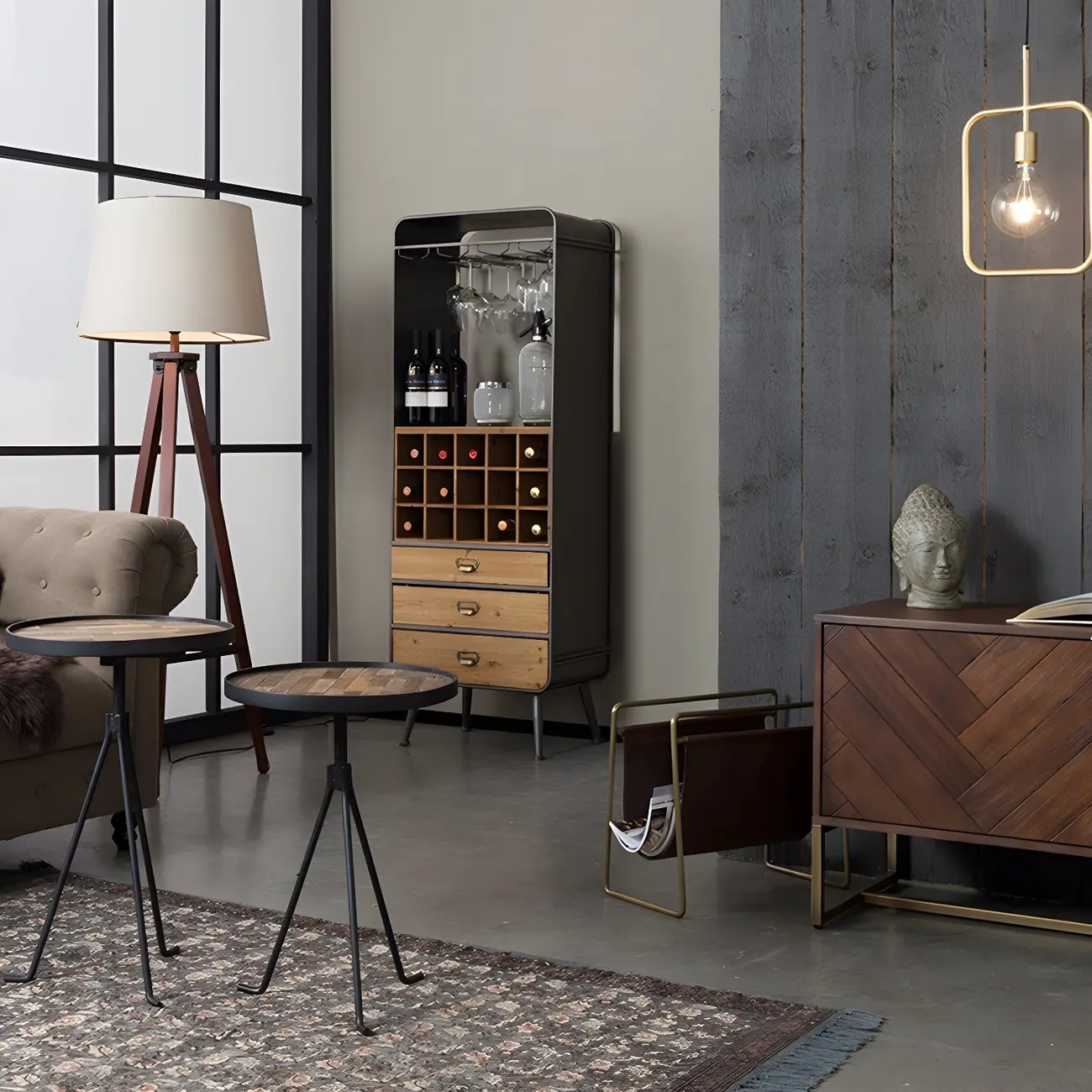 Industrial Brown Wood Wine Rack with Glass Holder and Drawers Image - 3 | homeyfad