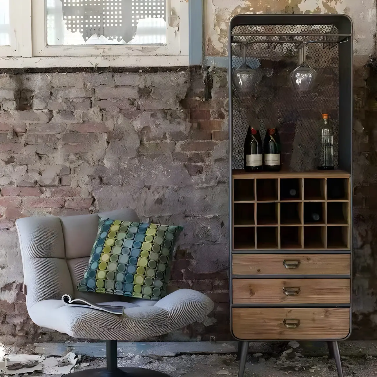 Industrial Brown Wood Wine Rack with Glass Holder and Drawers Image - 4 | homeyfad