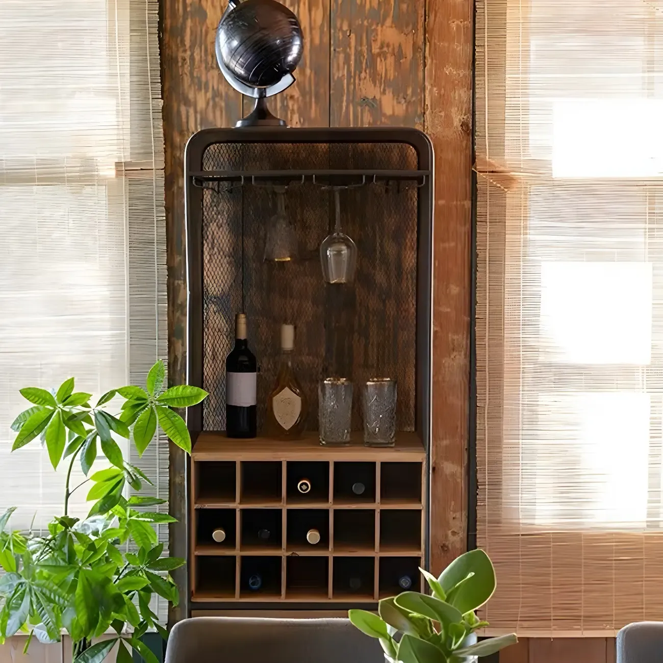 Industrial Brown Wood Wine Rack with Glass Holder and Drawers Image - 8