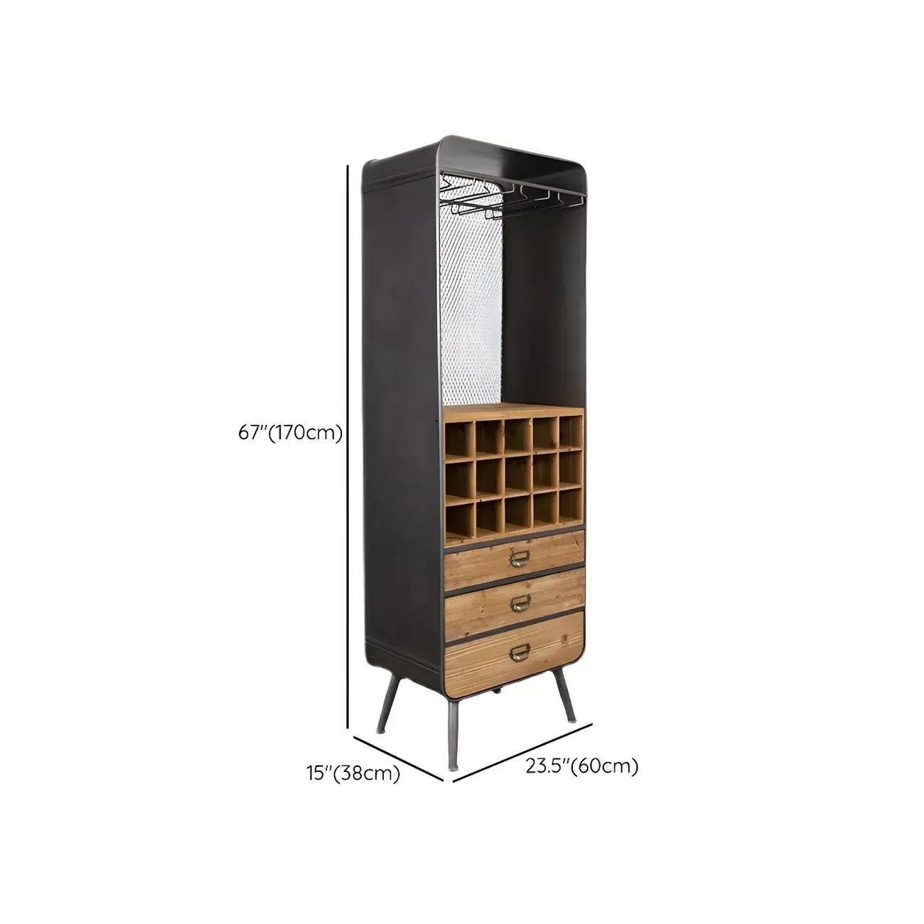 Industrial Brown Wood Wine Rack with Glass Holder and Drawers #size