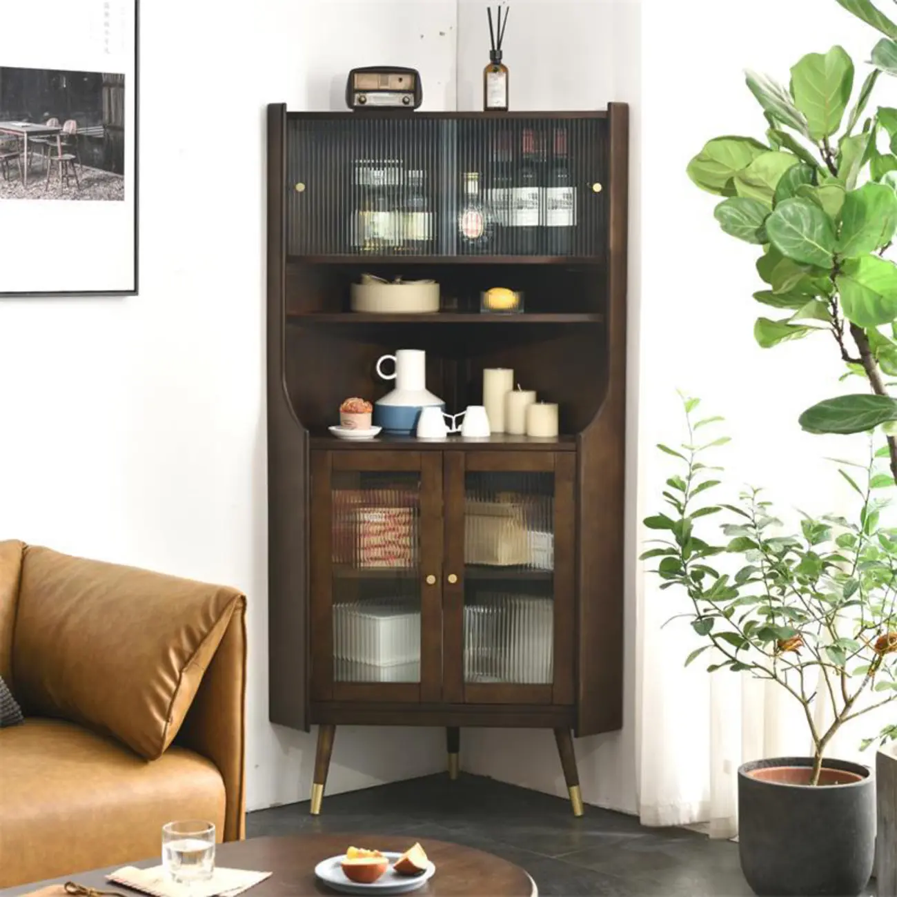 Rustic Brown Wooden Corner Wine Cabinet with Glass Doors Image - 1 | homeyfad