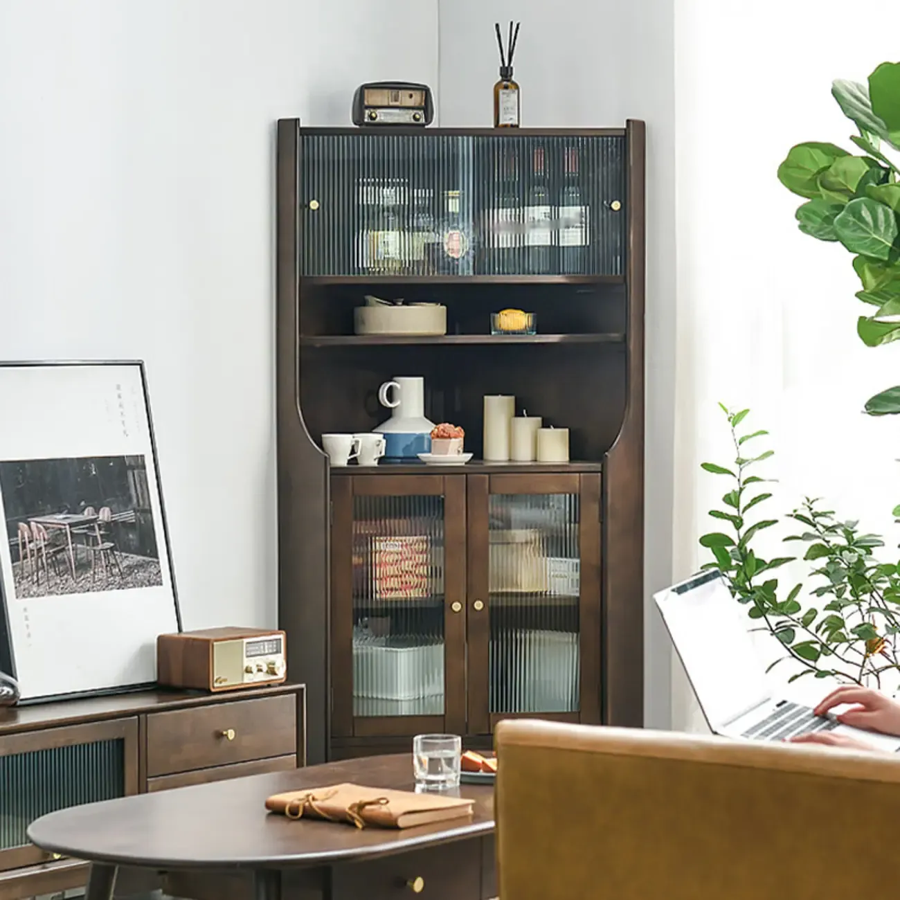 Rustic Brown Wooden Corner Wine Cabinet with Glass Doors Image - 2