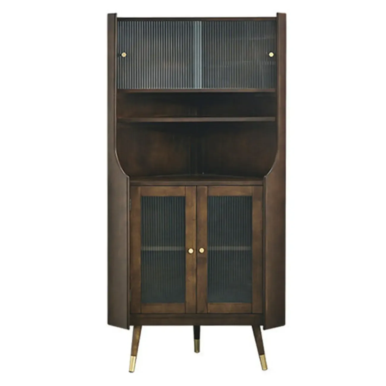 Rustic Brown Wooden Corner Wine Cabinet with Glass Doors Image - 5