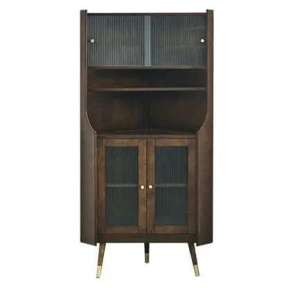 Rustic Brown Wooden Corner Wine Cabinet with Glass Doors Image - 5