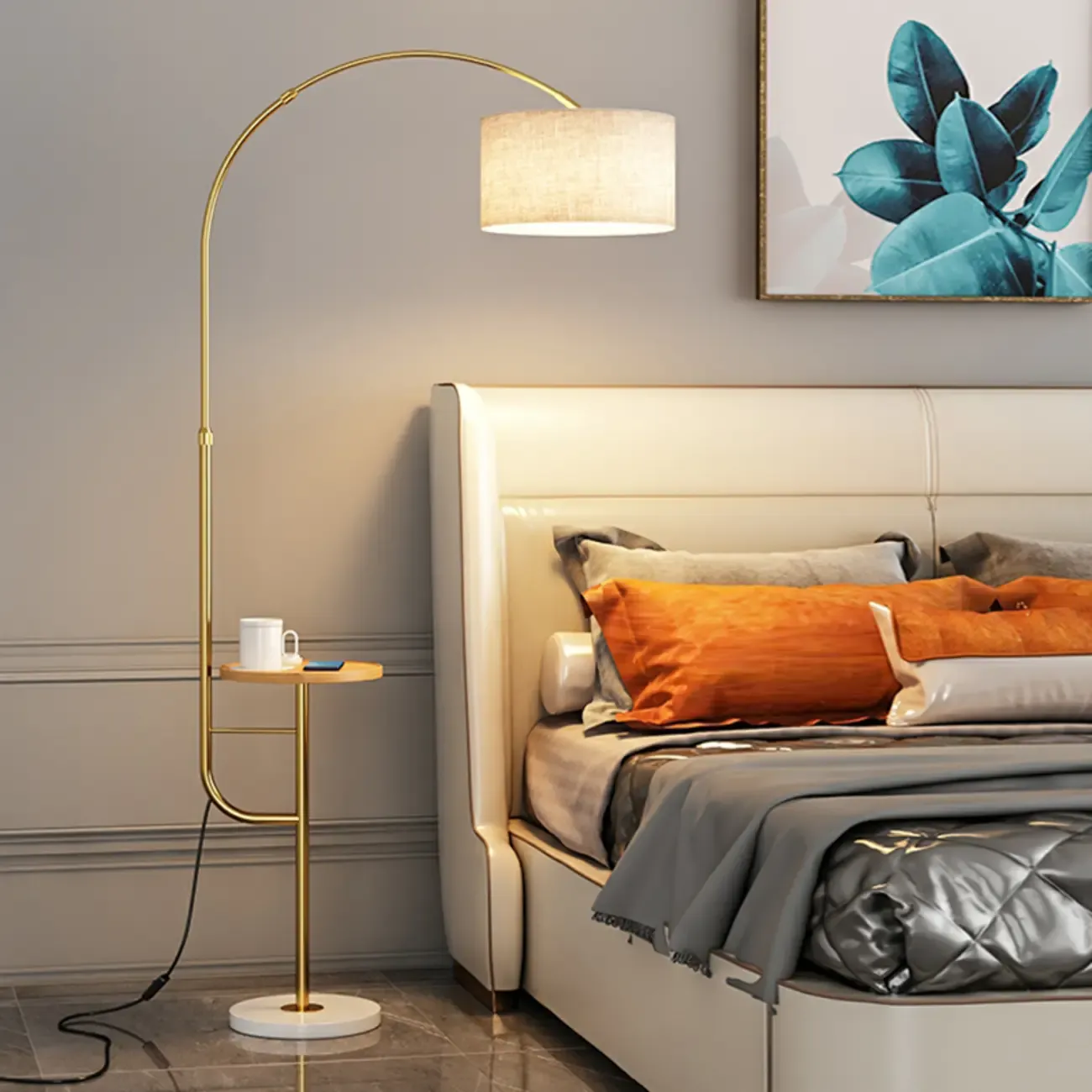 Arc Floor Lamp with Table and Adjustable Head for Living Room Image - 2