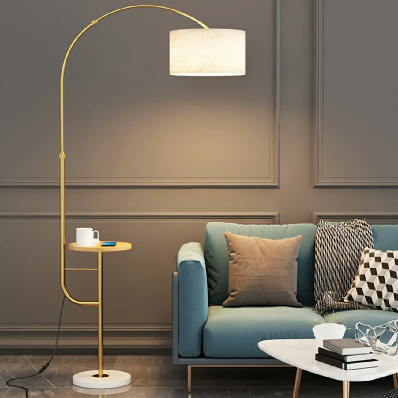 Arc Floor Lamp with Table and Adjustable Head for Living Room Image - 4