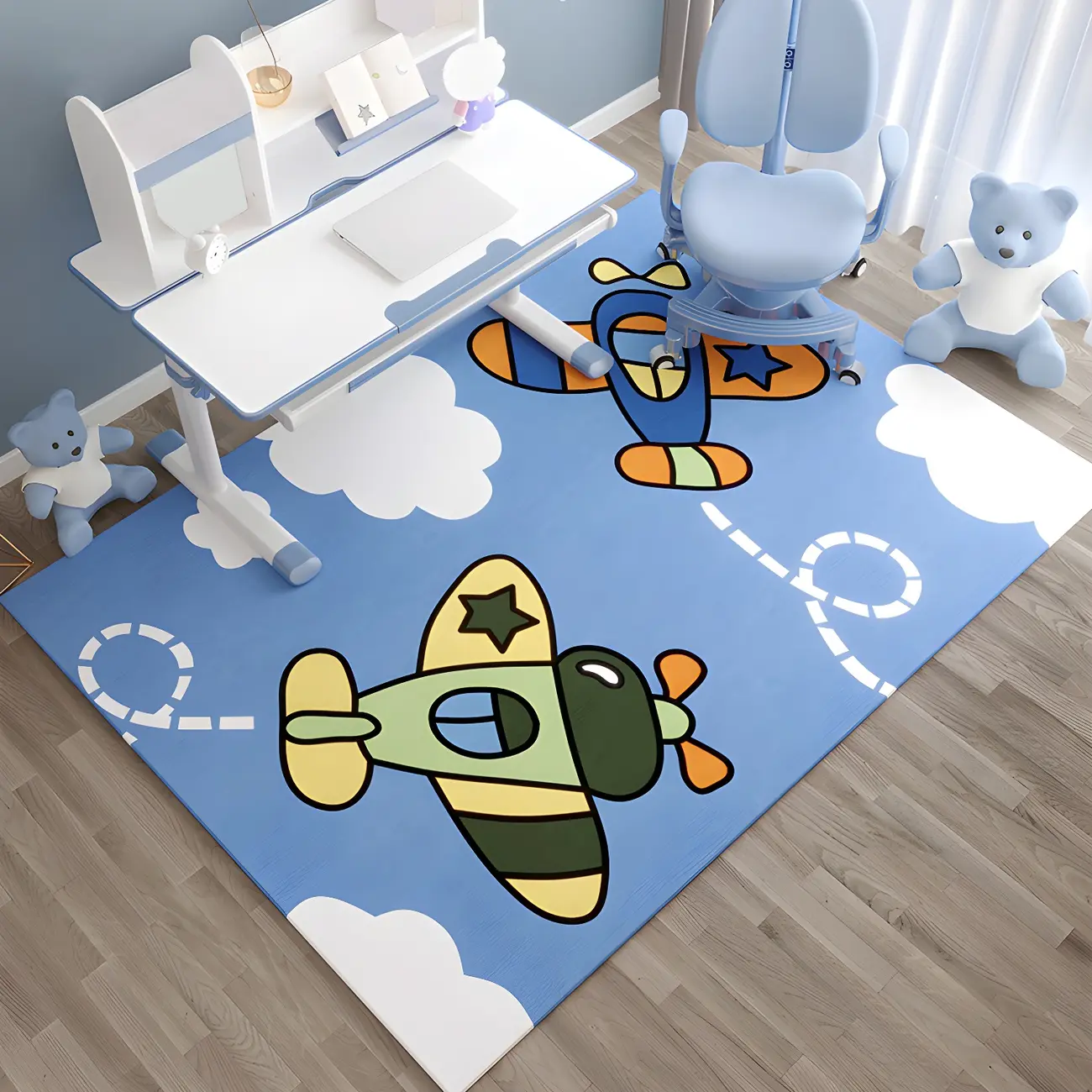 Kids Bedroom Blue Polyester Airplane Area Rug Image - 1 | homeyfad