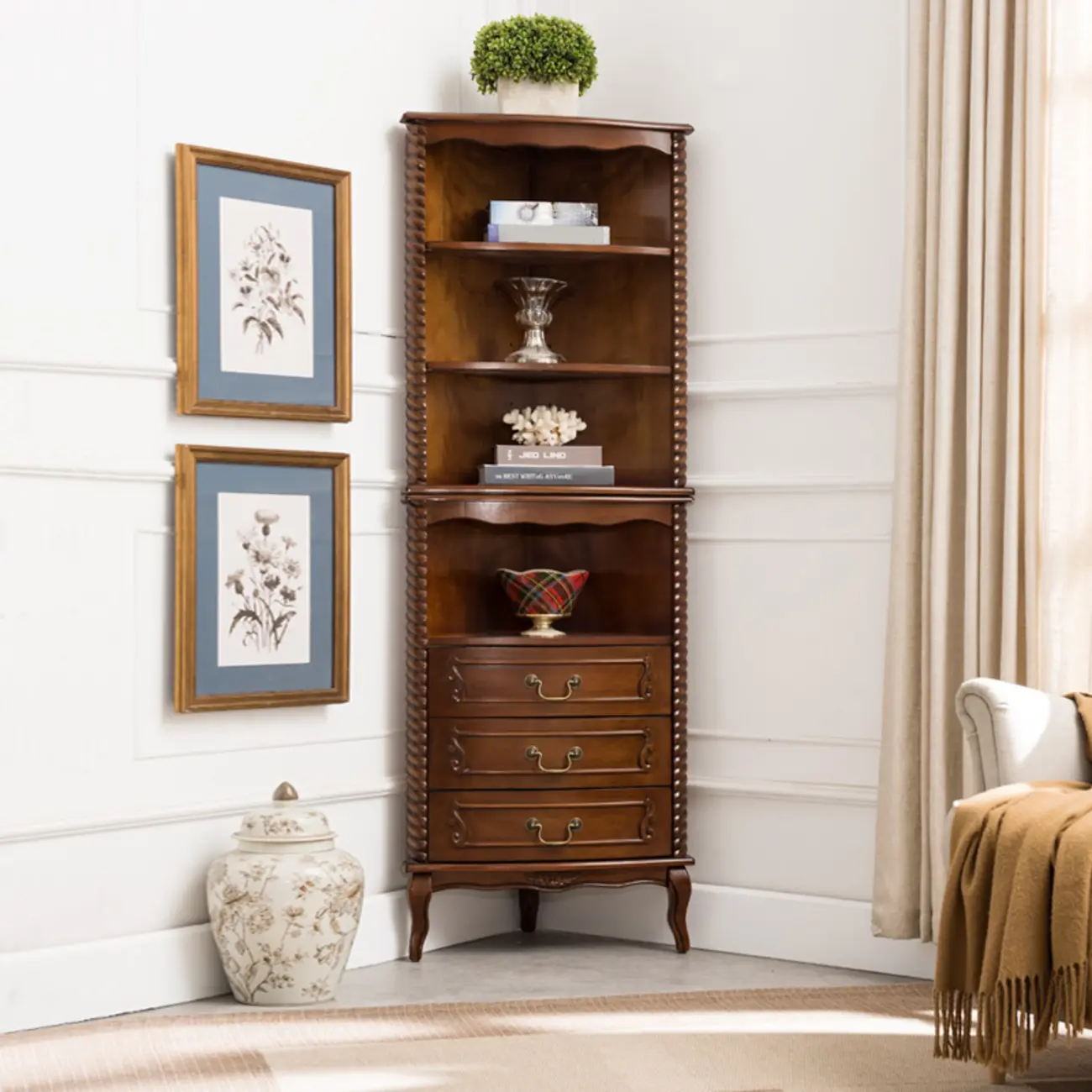 Traditional Wooden Corner Wine Rack with Drawers Open Shelves Image - 1 | homeyfad