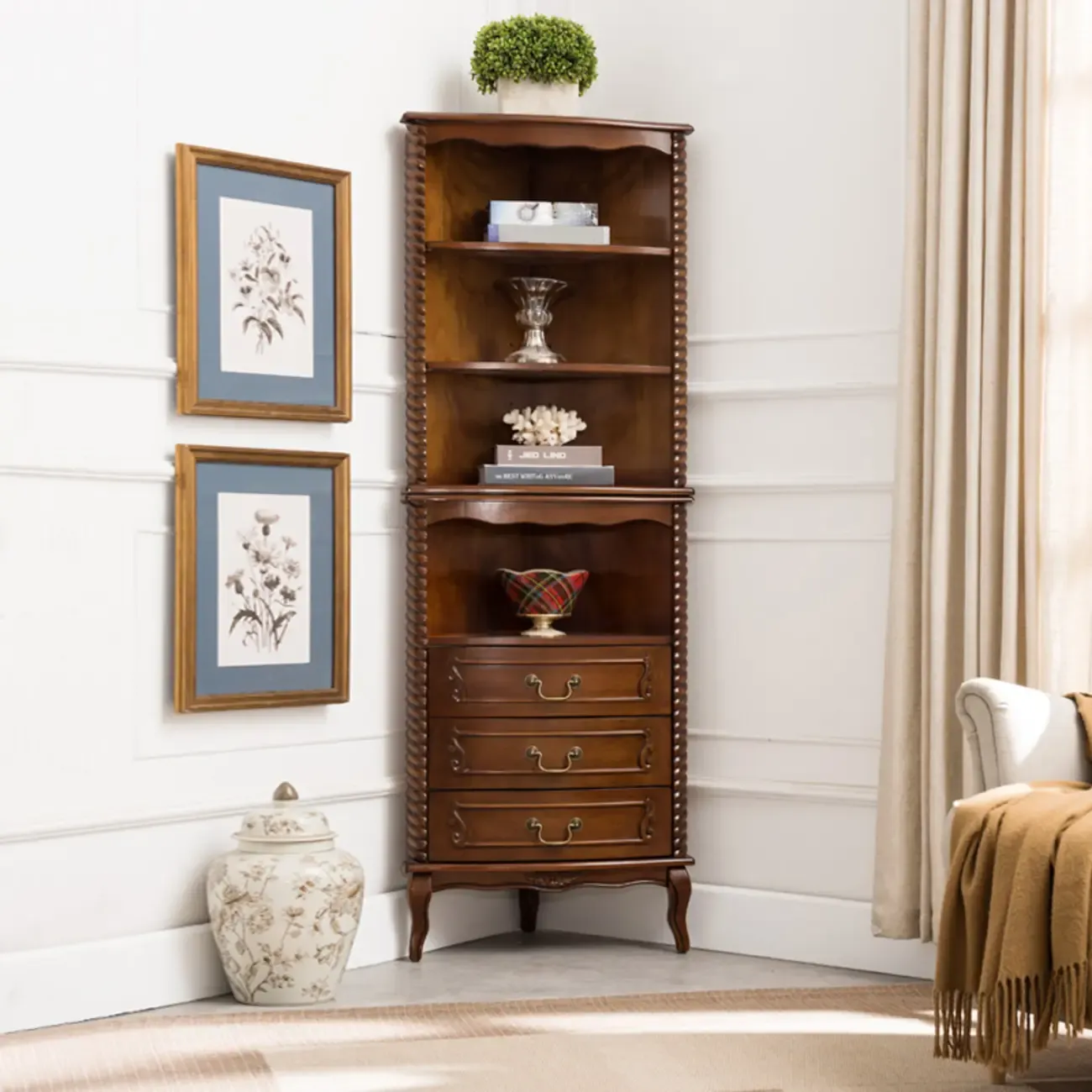 Traditional Wooden Corner Wine Rack with Drawers Open Shelves Image - 1