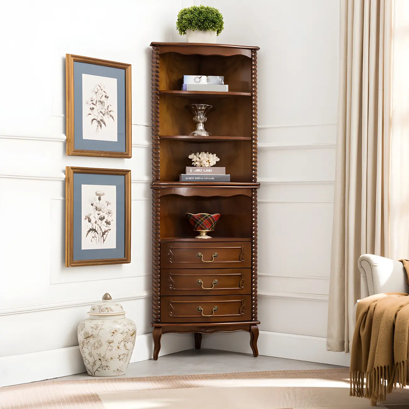 Traditional Wooden Corner Wine Rack with Drawers Open Shelves Image - 3 | homeyfad