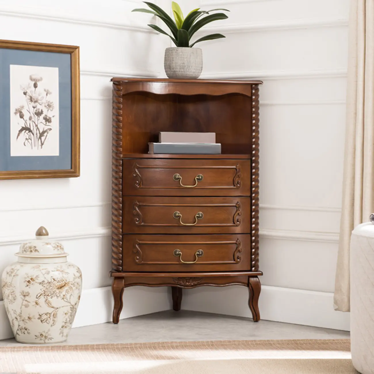 Traditional Wooden Corner Wine Rack with Drawers Open Shelves Image - 4 | homeyfad