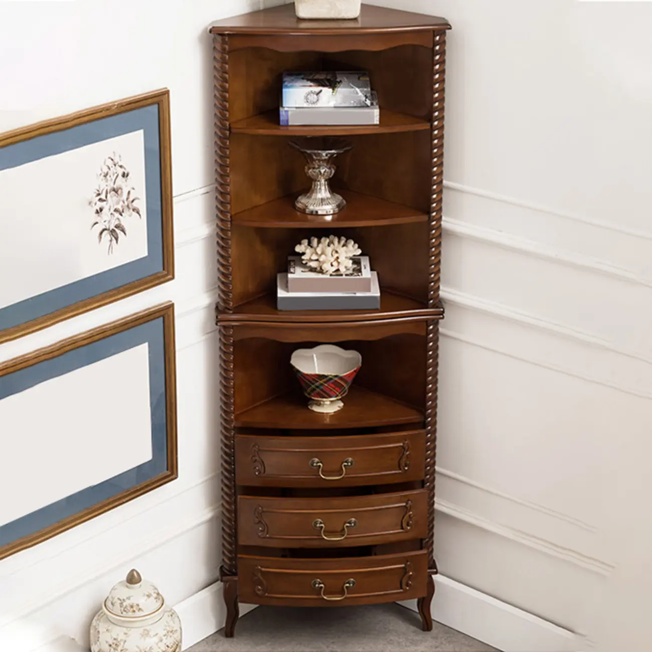 Traditional Wooden Corner Wine Rack with Drawers Open Shelves Image - 6 | homeyfad