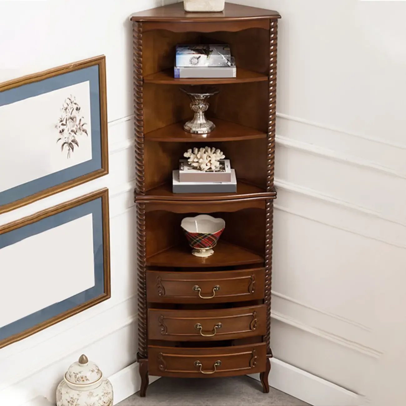 Traditional Wooden Corner Wine Rack with Drawers Open Shelves Image - 6