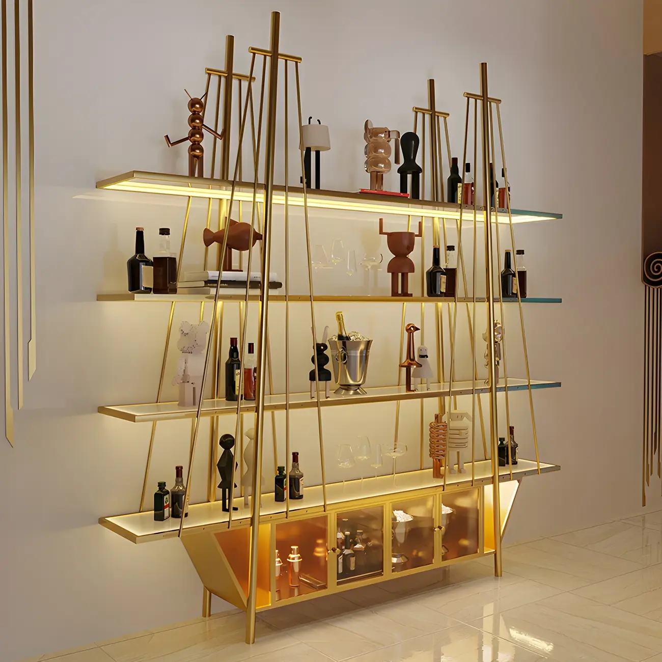 Metal Glam Sailboat Shaped Wine Rack with Lighting and Cabinets Image - 1 | homeyfad