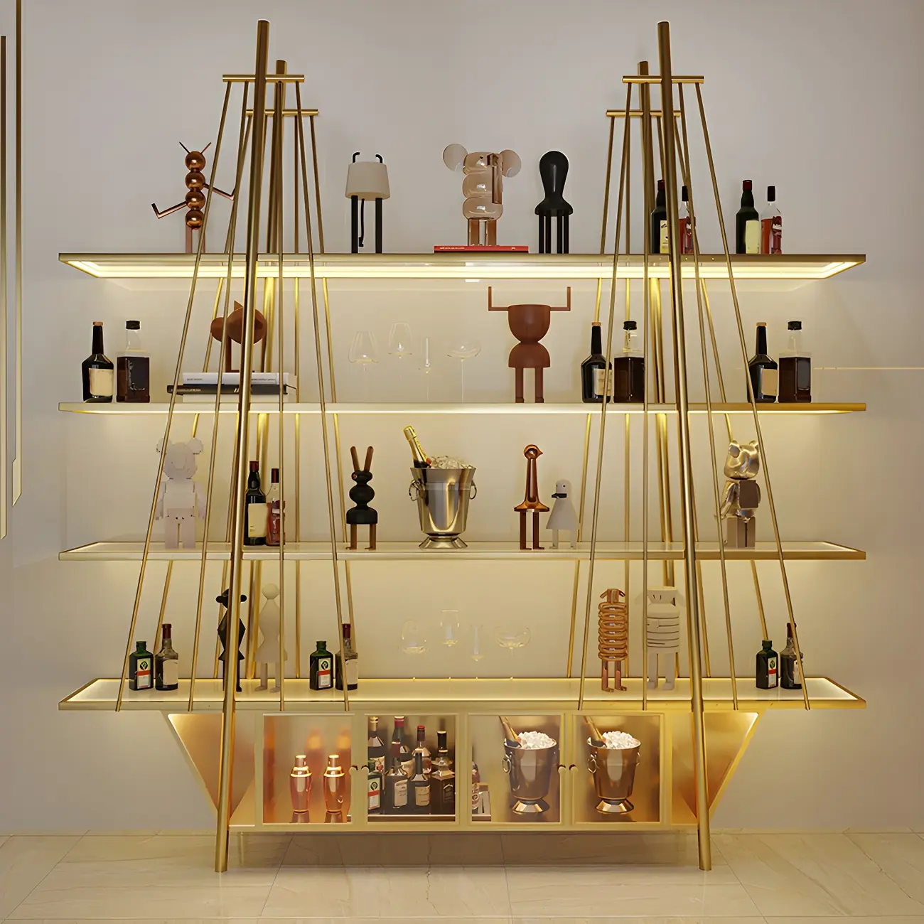 Metal Glam Sailboat Shaped Wine Rack with Lighting and Cabinets Image - 2 | homeyfad