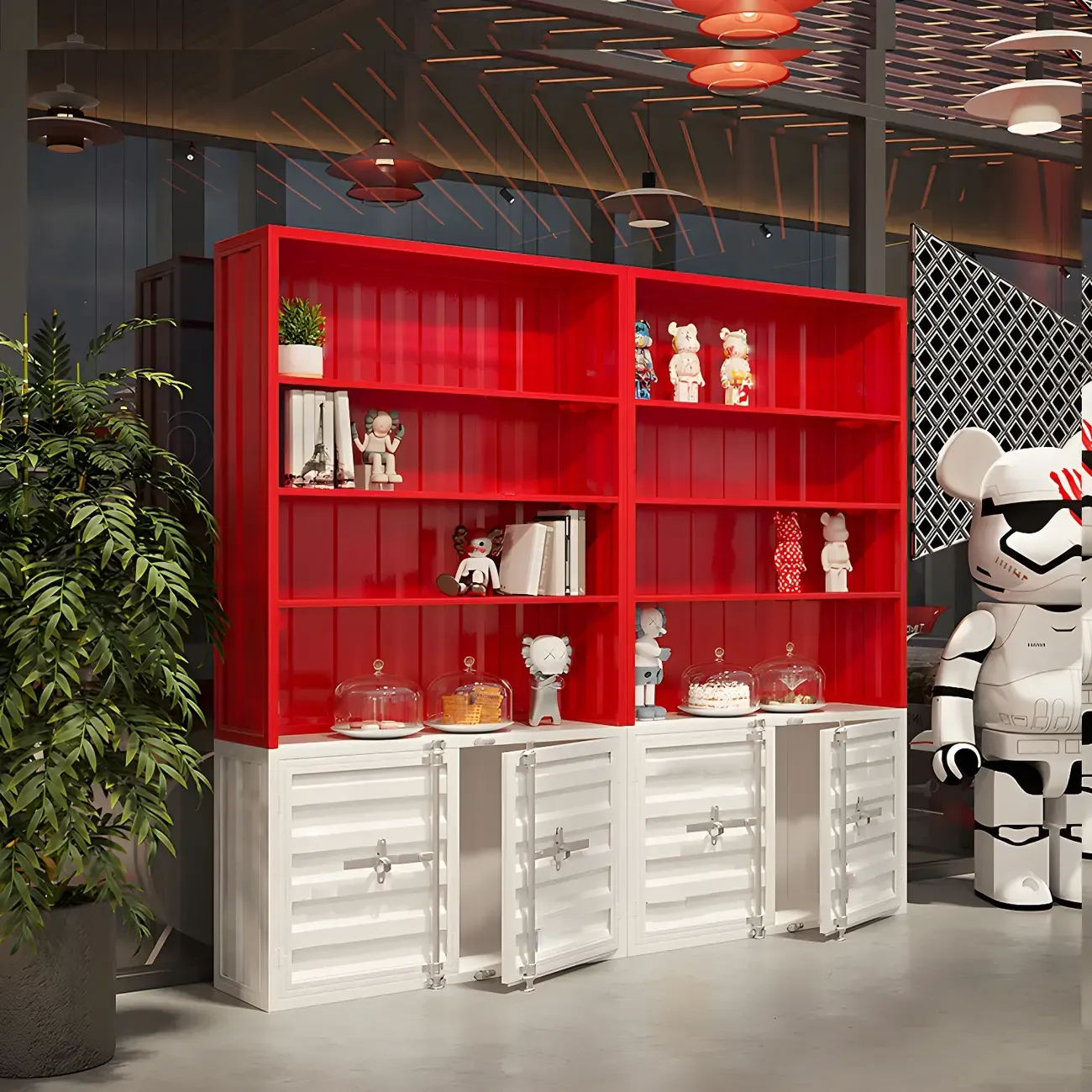 Industrial Red Metal Display Cabinet with Open Storage for Home Image - 1