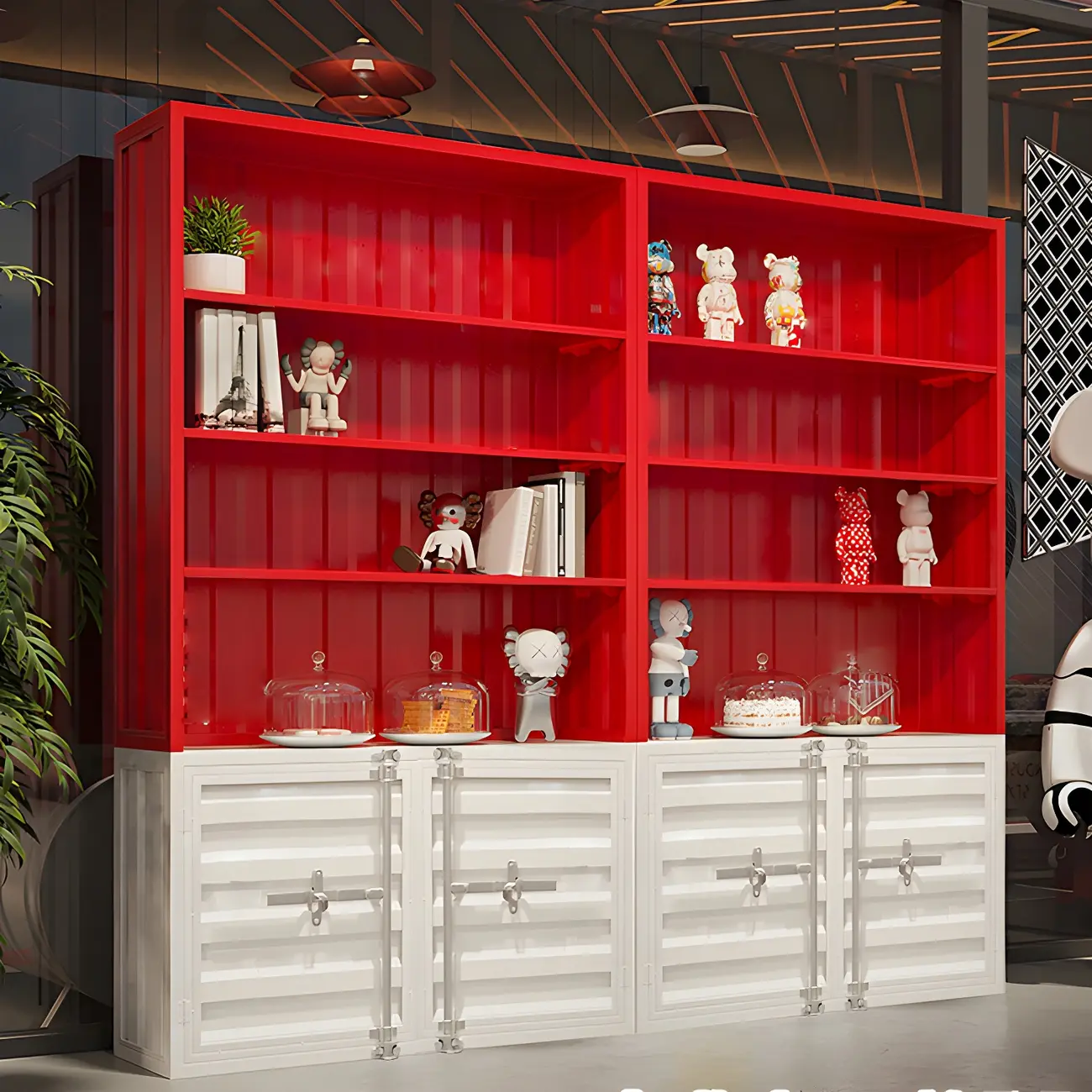 Industrial Red Metal Display Cabinet with Open Storage for Home Image - 2 | homeyfad